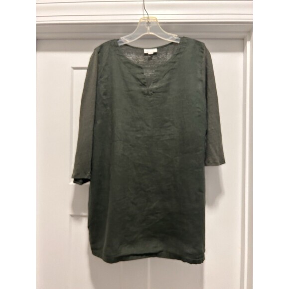 J. Jill Love Linen 100% Linen Tunic Top Size L Olive Green Knit Back Lagenlook - Picture 1 of 5